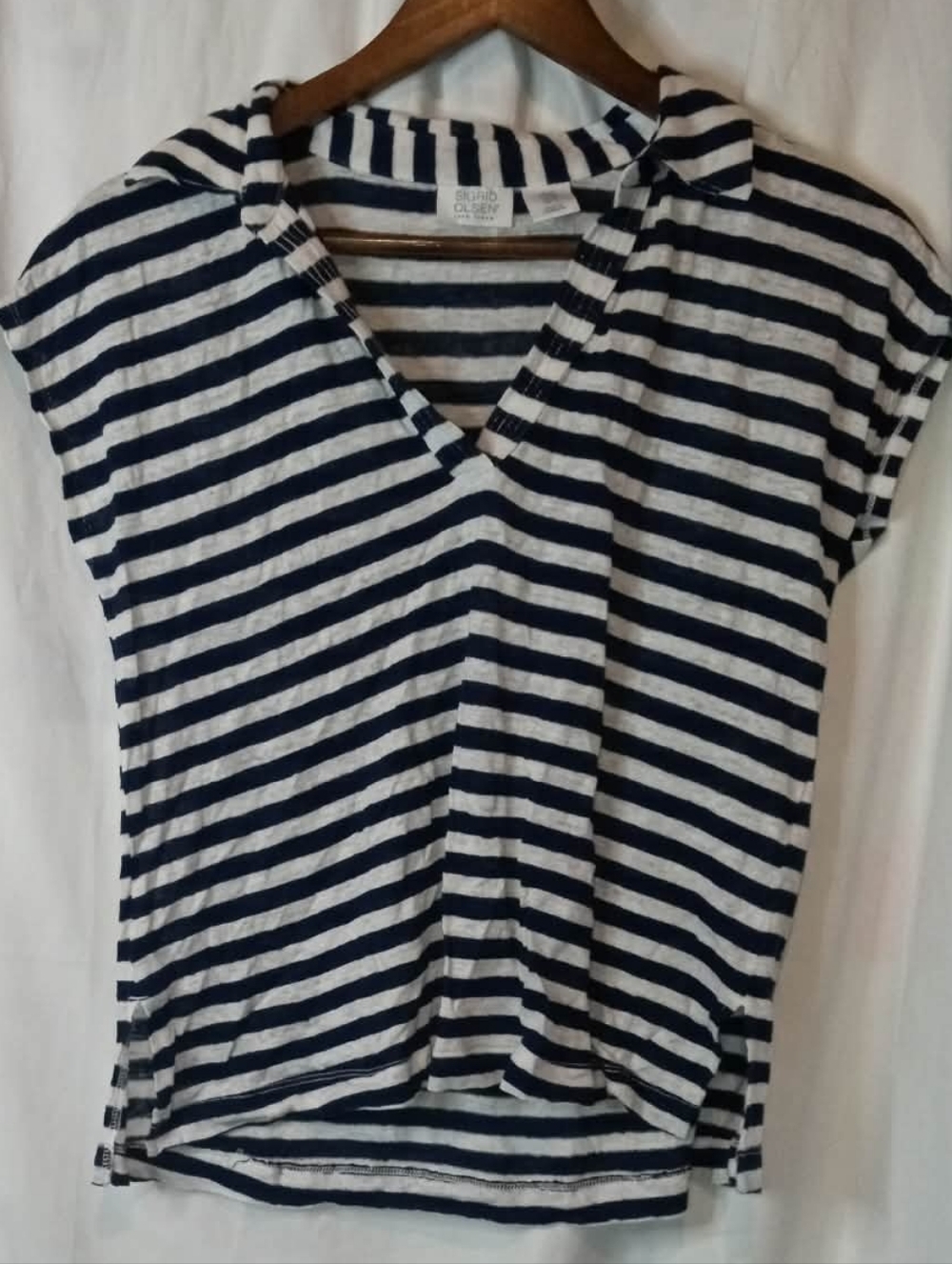 Sigrid Olsen Navy White Striped V-Neck Sleeveless Collar Shirt Nautical Linen